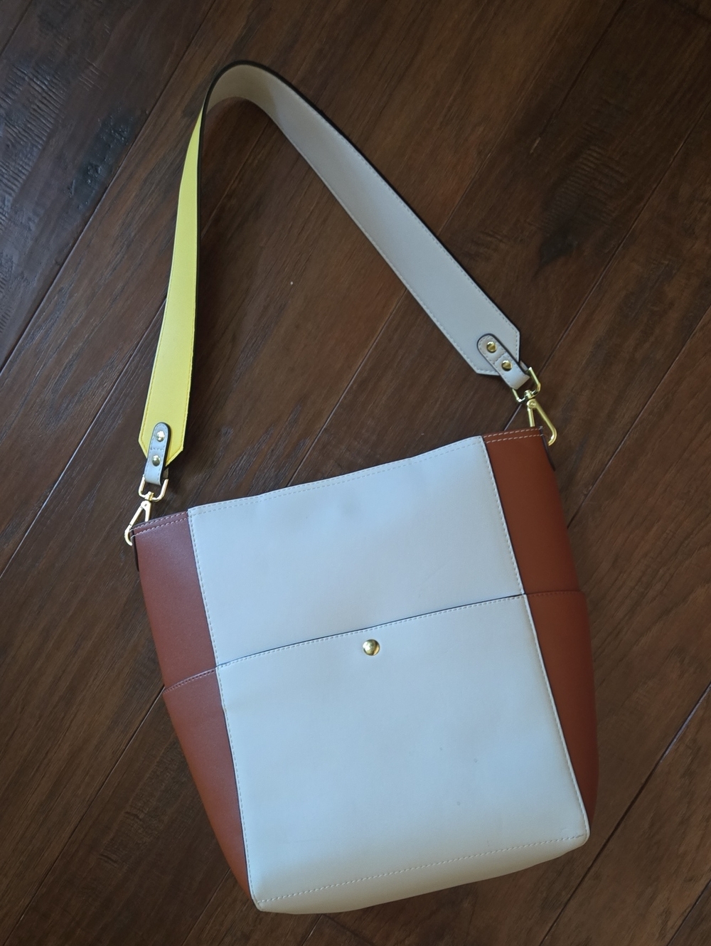 Colorblock Leather Shoulder Hobo Bag in White, Brown & Yellow